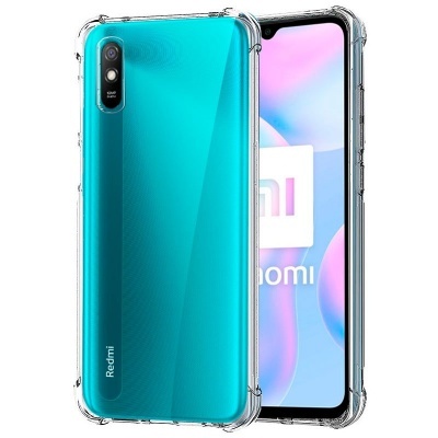 Smartphone Redmi azul com capa transparente