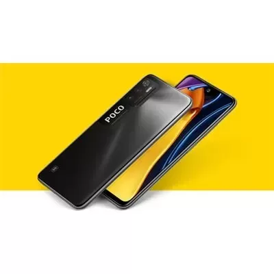 Dois telemóveis POCO, um de costas preto e outro de frente com ecrã colorido
