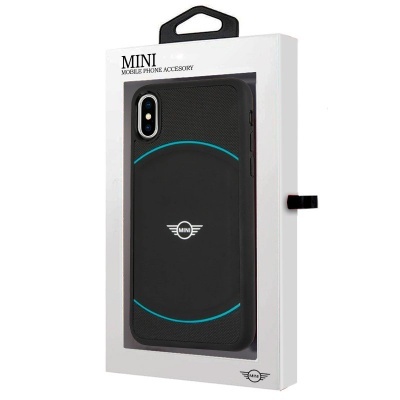 Capa para telemóvel preta com linhas azuis e logótipo MINI em caixa branca.
