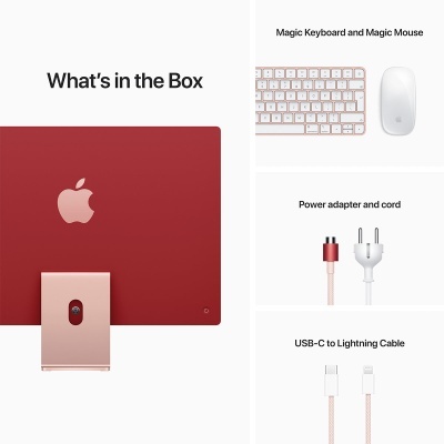 Conteúdo da caixa Apple com teclado, rato, adaptador de energia, cabo USB-C para Lightning e parte traseira de dispositivo vermelho com logotipo Apple.