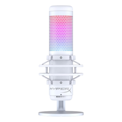 Microfone branco HyperX com iluminação RGB em suporte anti-choque