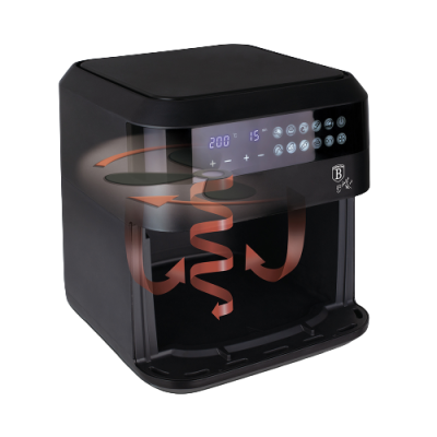 Forno elétrico preto com painel digital e setas de circulação de ar