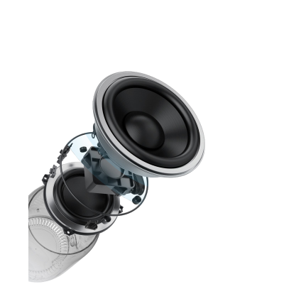 Altifalante preto com estrutura metálica cinza e várias camadas visíveis