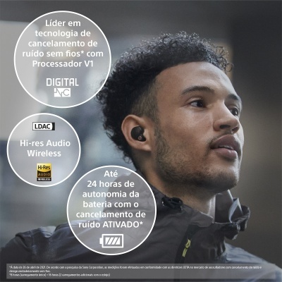 Homem com auscultadores wireless pretos e texto sobre características do produto