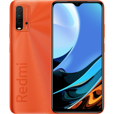Smartphone Redmi laranja com três câmeras e ecrã azul preto abstrato