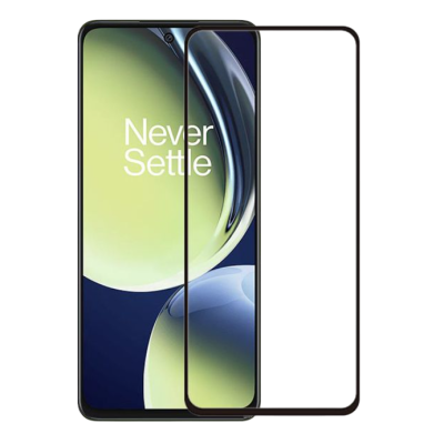 Smartphone preto com ecrã curvo e texto 'Never Settle' no ecrã