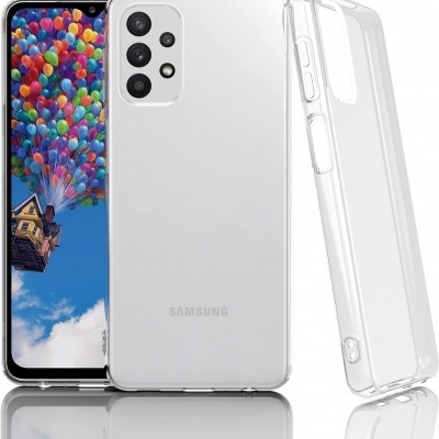 Telemóvel Samsung branco com capas transparentes sobre fundo branco