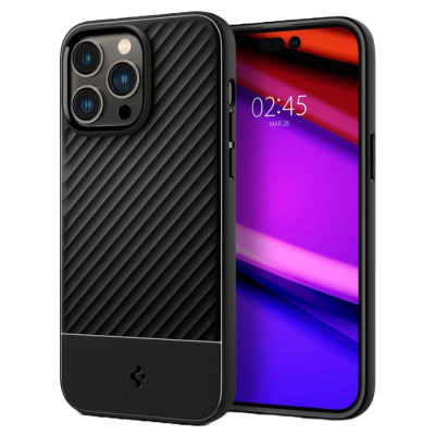 Telemóvel preto com capa texturizada diagonal e ecrã colorido mostrando hora e data