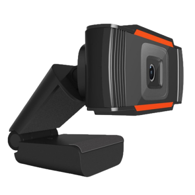 Webcam preta com detalhes em cinza e laranja e suporte ajustável preto