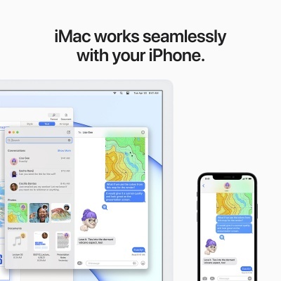 iMac e iPhone a mostrar mensagens e mapas em ecrãs