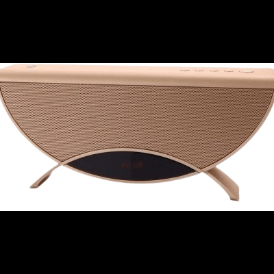 Coluna de som portátil bege com ecrã digital e suporte arco