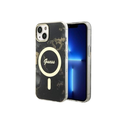 Capa de telemóvel preta com padrão marmoreado e logo Guess em branco.