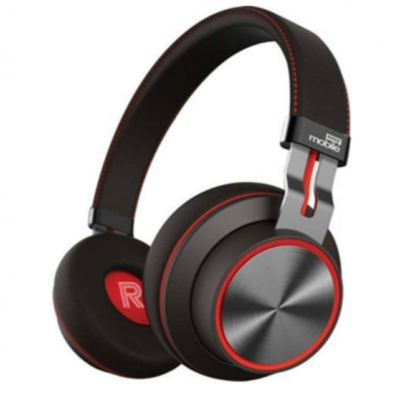 Auriculares sem fios pretos com detalhes vermelhos e estrutura metálica prateada