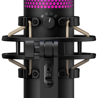 Microfone preto com padrão hexagonal roxo e suporte elástico