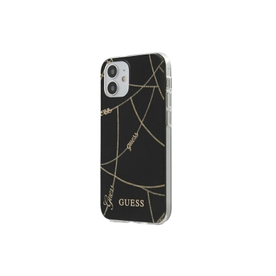 Capa preta para telemóvel com linhas douradas e texto GUESS