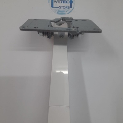 Suporte metálico com base branca e parte superior cinzenta com mola