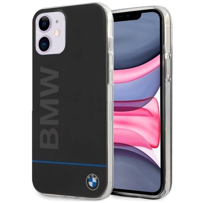 Capa preta para iPhone com logo BMW e borda translúcida