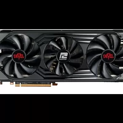 Placa gráfica PowerColor Devil com três ventoinhas pretas e logotipos vermelhos e brancos