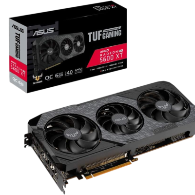 Placa gráfica ASUS TUF GAMING AMD Radeon RX 5600 XT com três ventoinhas e caixa preta