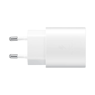 Carregador de parede branco com símbolo de raio e texto. 