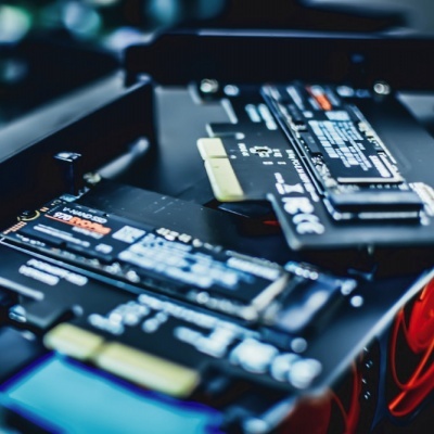 Discos SSD internos pretos com etiquetas em área de trabalho electrónica