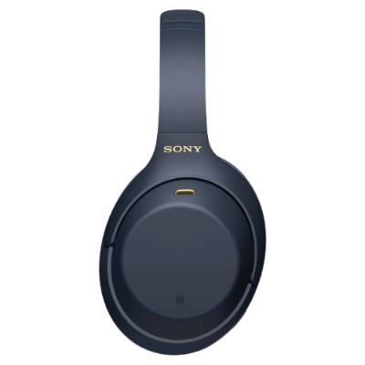 Auriculares sem fios Sony azul escuro com logotipo dourado