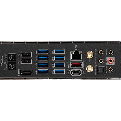 Painel traseiro de placa-mãe com várias portas USB e conetores de áudio