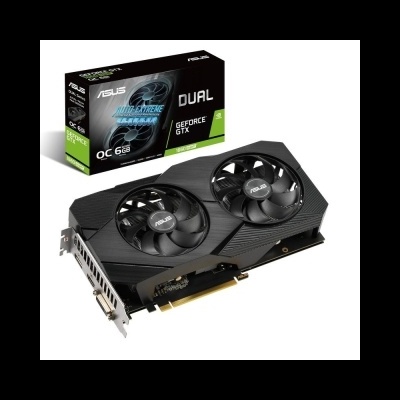 Placa gráfica ASUS DUAL GeForce GTX 1660 OC 6GB com dois ventiladores, em frente à caixa de embalagem preta e verde