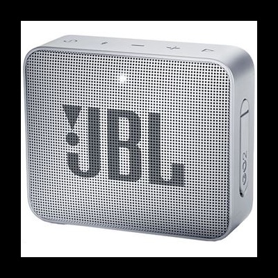 Coluna portátil JBL cinza prateada com grelha metálica e logo preto