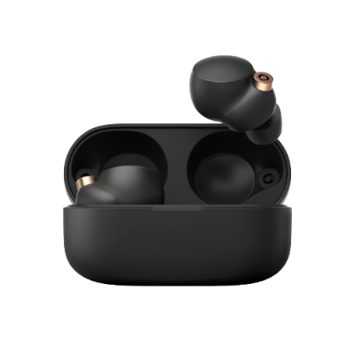 Auriculares sem fios pretos com detalhes em bronze e estojo de carregamento preto