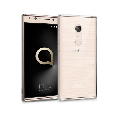 Smartphone Alcatel dourado com ecrã preto e traseira texturada