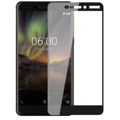 Smartphone preto com ecrã ligado e película protetora de vidro temperado.