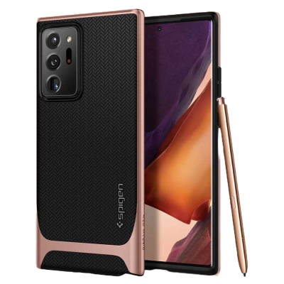 Smartphone com capa preta texturada e bordas rosa metálico, com caneta stylus rosa metálico