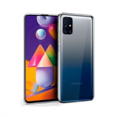 Smartphone Samsung azul com capa transparente