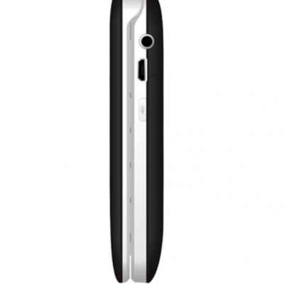 Vista lateral de telemóvel preto e branco com portas e botão Wi-Fi