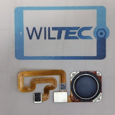 Componente electrónico com botão circular preto e fios flexíveis dourados em folha com logótipo WILTEC