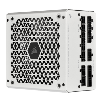 Fonte de alimentação branca Corsair RM850x com grelha triangular e portas modulares