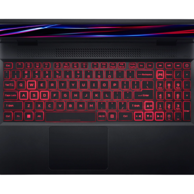 Computador portátil preto com teclado retroiluminado vermelho e ecrã dobrado