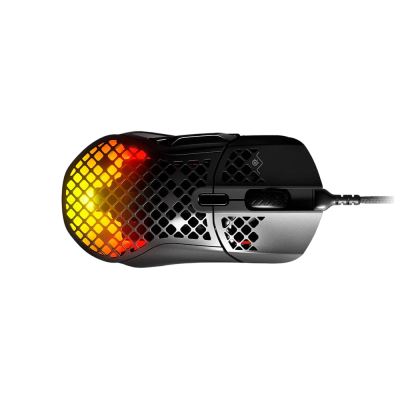 Rato de computador preto com iluminação LED e design em grelha