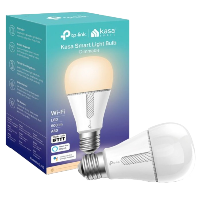 Lâmpada LED inteligente Kasa Smart Light Bulb com caixa azul e verde.
