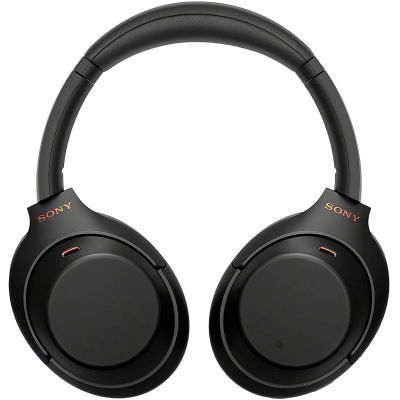 Ausculadores Sony pretos sem fios com detalhes laranja e almofadas acolchoadas
