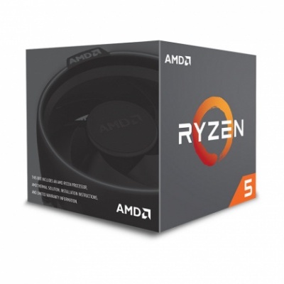 Embalagem de processador AMD Ryzen 5 cinza escuro com texto branco e laranja