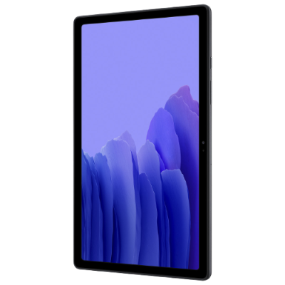 Tablet com ecrã grande e moldura preta a mostrar um padrão azul e roxo