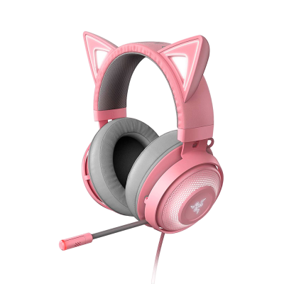 Auriculares rosa com microfone e orelhas de gato iluminadas