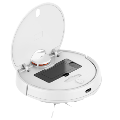 Robô aspirador de pó branco com tampa aberta e painel superior preto
