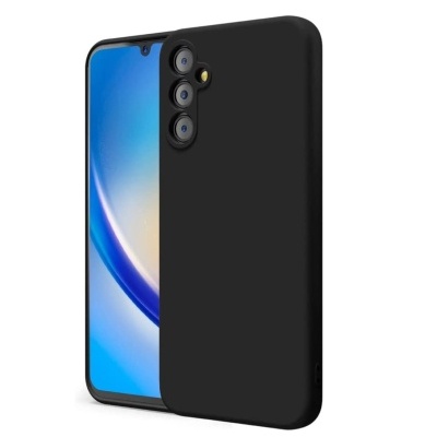 Smartphone com capa protetora preta e três câmaras traseiras.