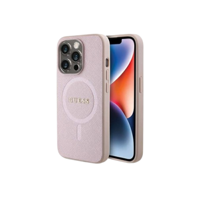 Capa de smartphone rosa claro GUESS com textura textil e detalhe circular