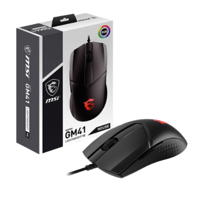 Rato MSI GM41 Lightweight V2 preto com iluminação RGB e cabo USB junto à sua caixa