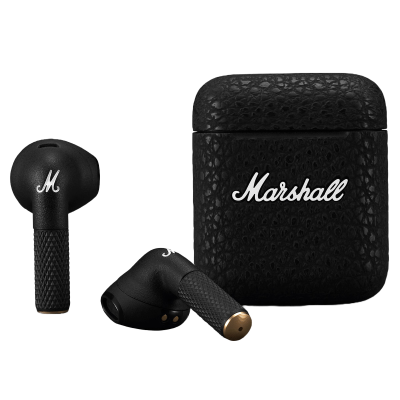 Auriculares e estojo de carregamento Marshall preto com textura e logo branco