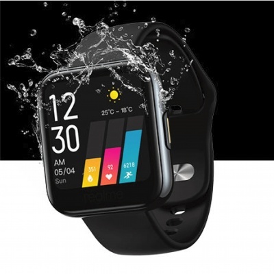 Relógio inteligente preto com tela colorida e gotas de água